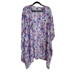 Charming Charlie Women’s Short Sleeve Open Front Purple Floral Kimono Sz M GUC